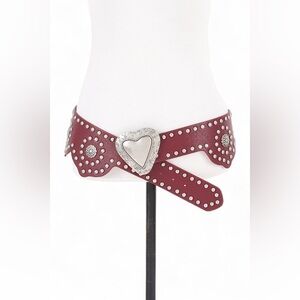 Vegan Leather Burgundy Heart Buckle Statement Belt